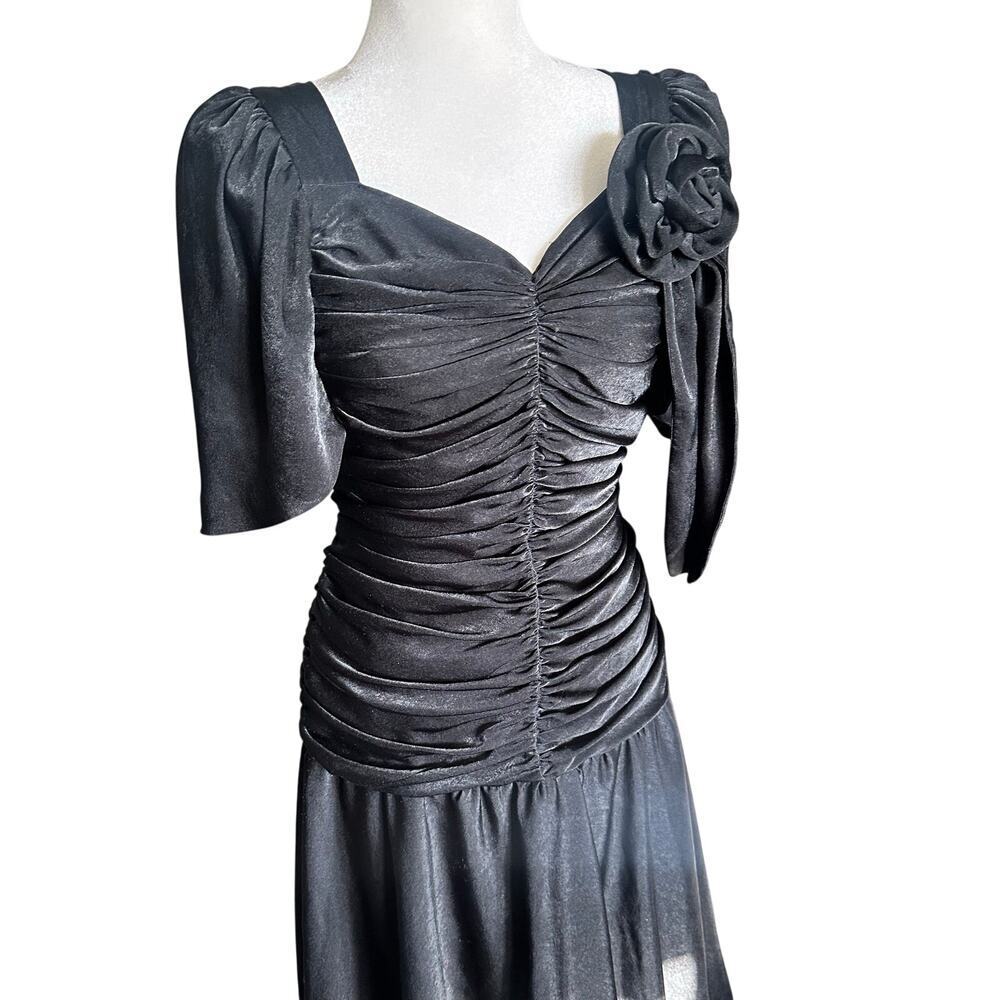 Vintage 80s black midi ruched dress - Picture 2 of 7